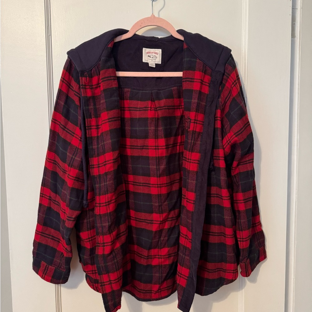 Red and Navy Plaid Hooded Jacket